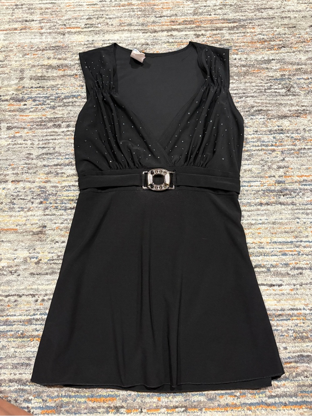 Black Sleeveless V-Neck Belted Women's Dress